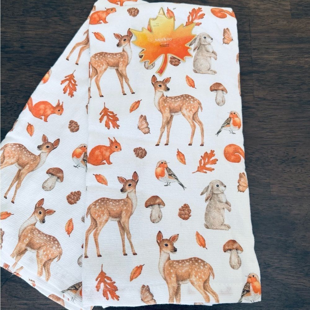 Fall Forest Autumn Woodland Deer Rabbit Birds Kitchen Dish Towels